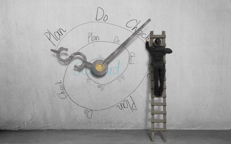 businessman on ladder drawing PDCA loop with clock hands on wall